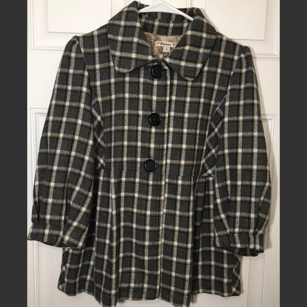Forever 21 Short 3/4 Sleeve Plaid Pea Coat SZ L